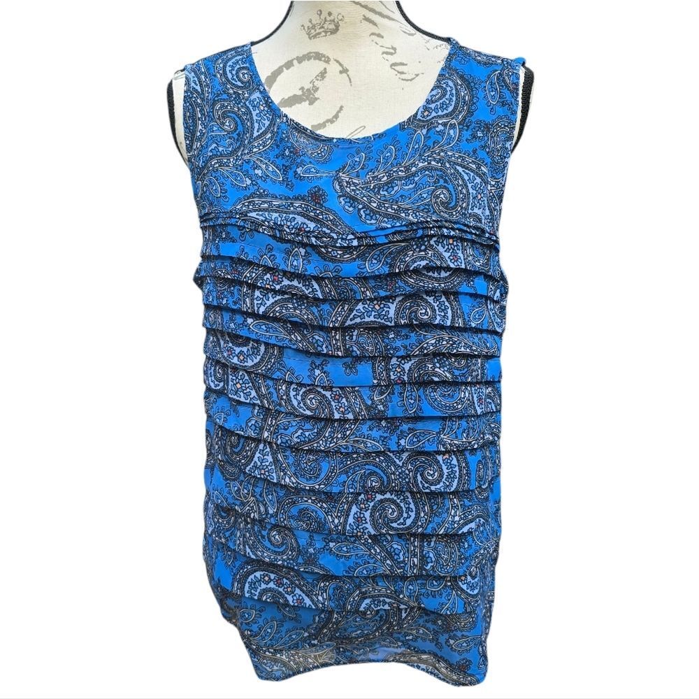 Dana Buchman -221 Pleated Paisley Peint Sleeveless Blouse Blue Contrast XL‎